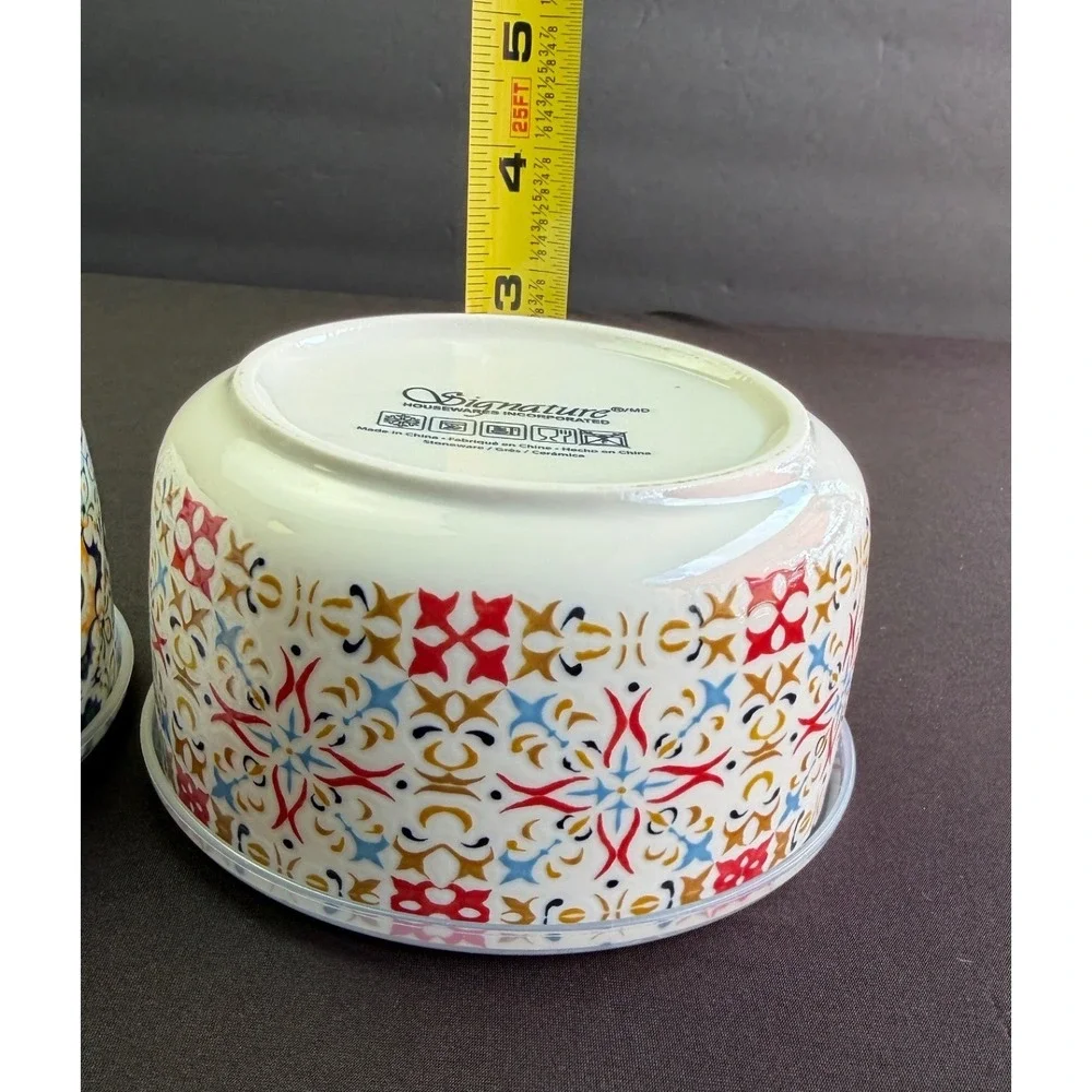 2 Signature Housewares Stoneware Storage Bowls Vented Lids Boho Mediterranean